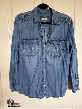 Express Light Blue Denim Shirt - Long Sleeve Button Front